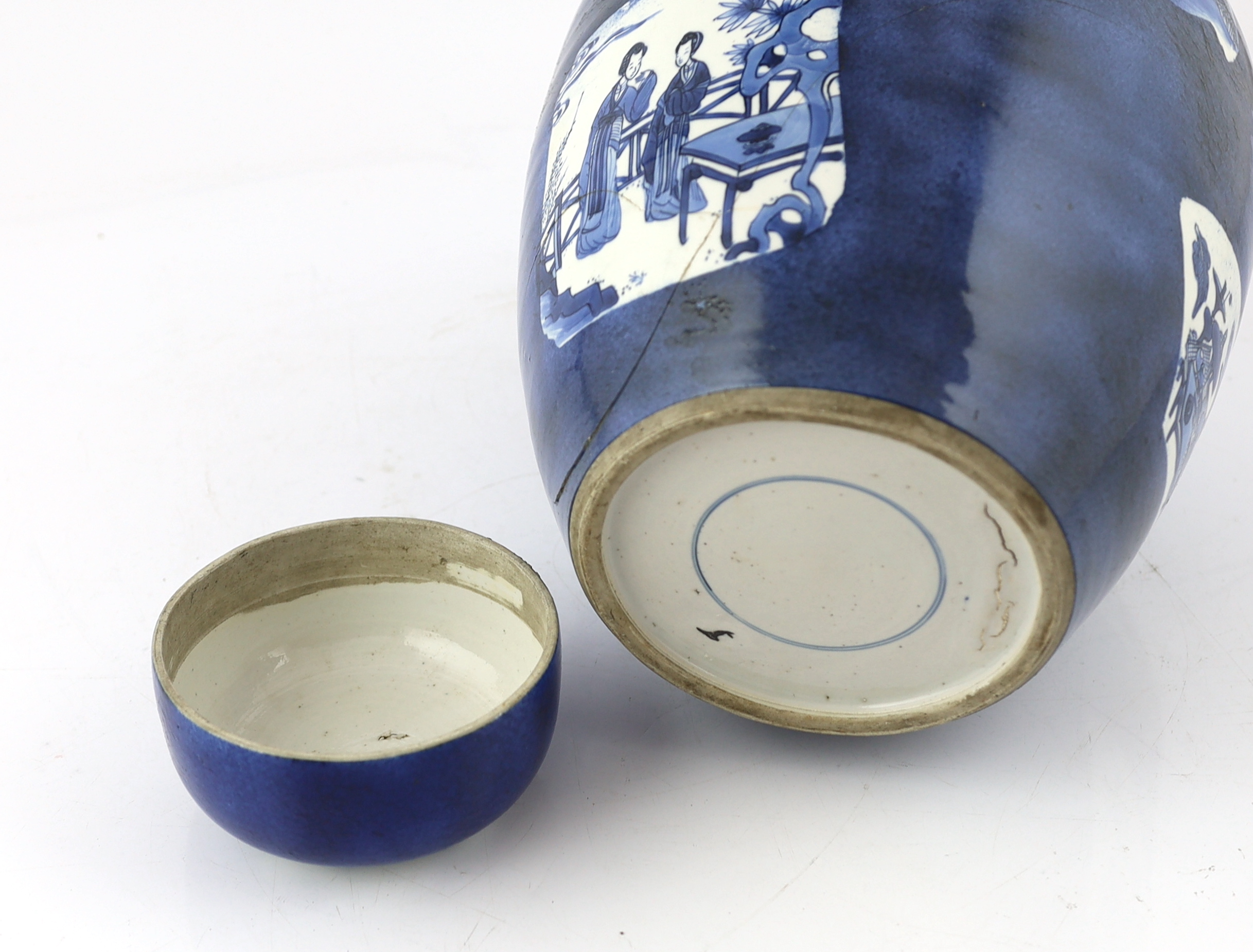 A large Chinese powder blue jar and cover, Kangxi period, cracked and a section glued